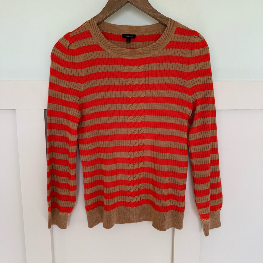 Talbots Striped Wool Blend‎ Sweater Women’s Med Red Orange Tan Cable Knit Silky